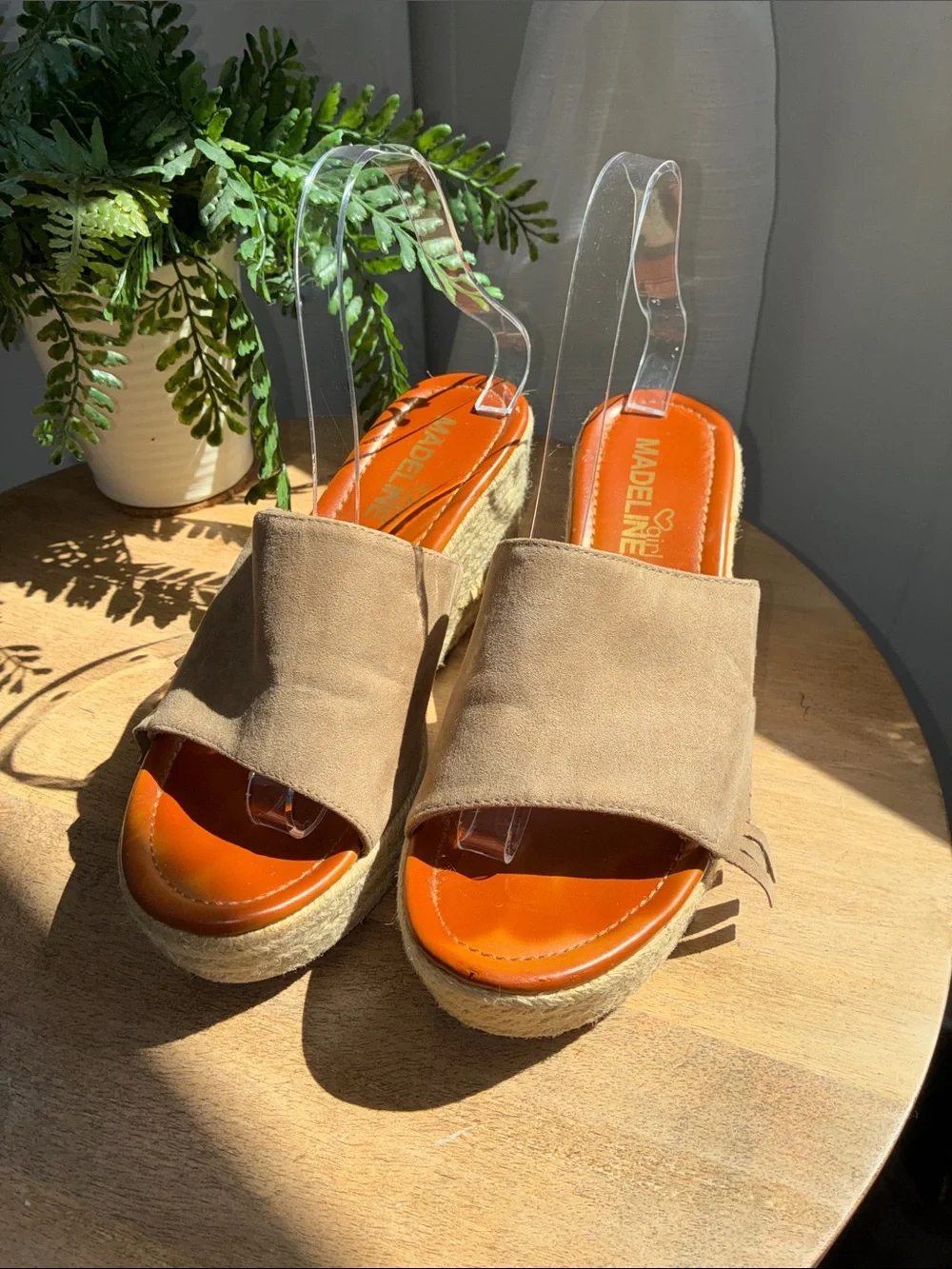 Madeline girl DASHED Tan Faux Suede Fringed Wedge Sandals 7.5